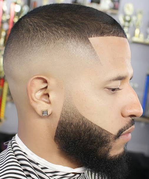 Close-up of a sharp geometric line fade and full beard, an example of Elite Barber Shop's precision barbering