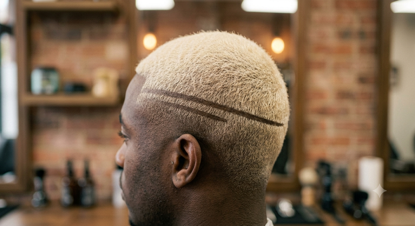 Bleached blonde buzz cut with a shaved part line