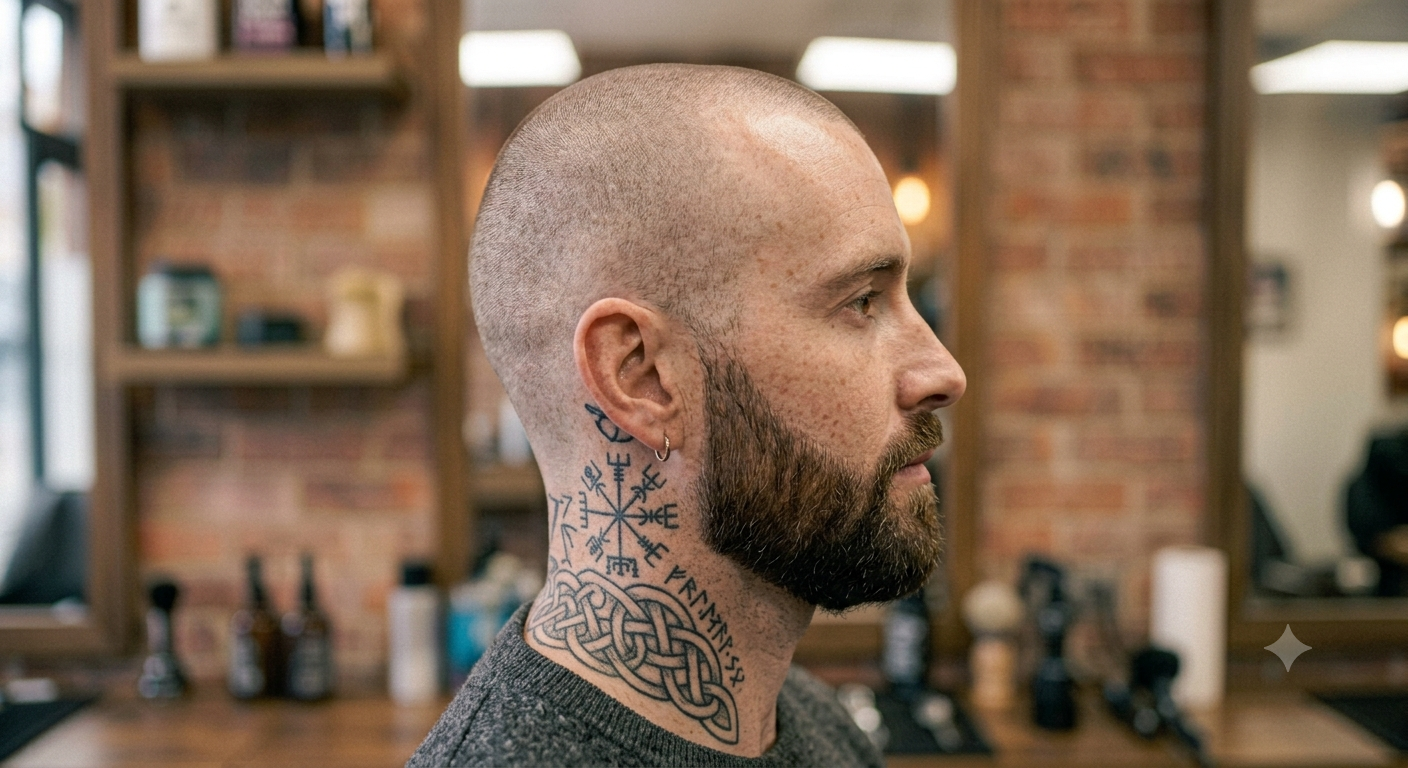 Close bald fade with neck tattoo, side profile