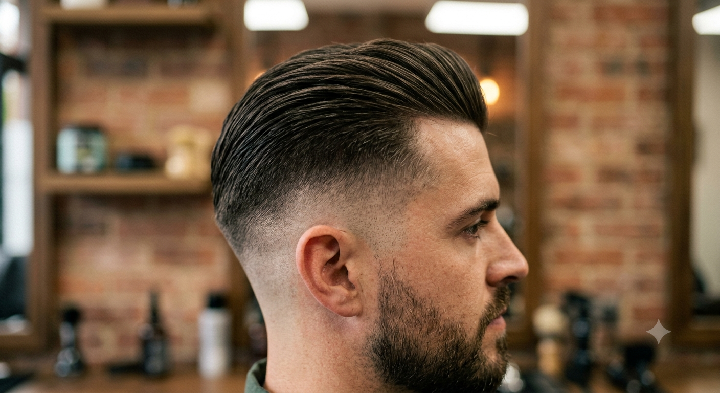 Slicked back pompadour with mid taper fade