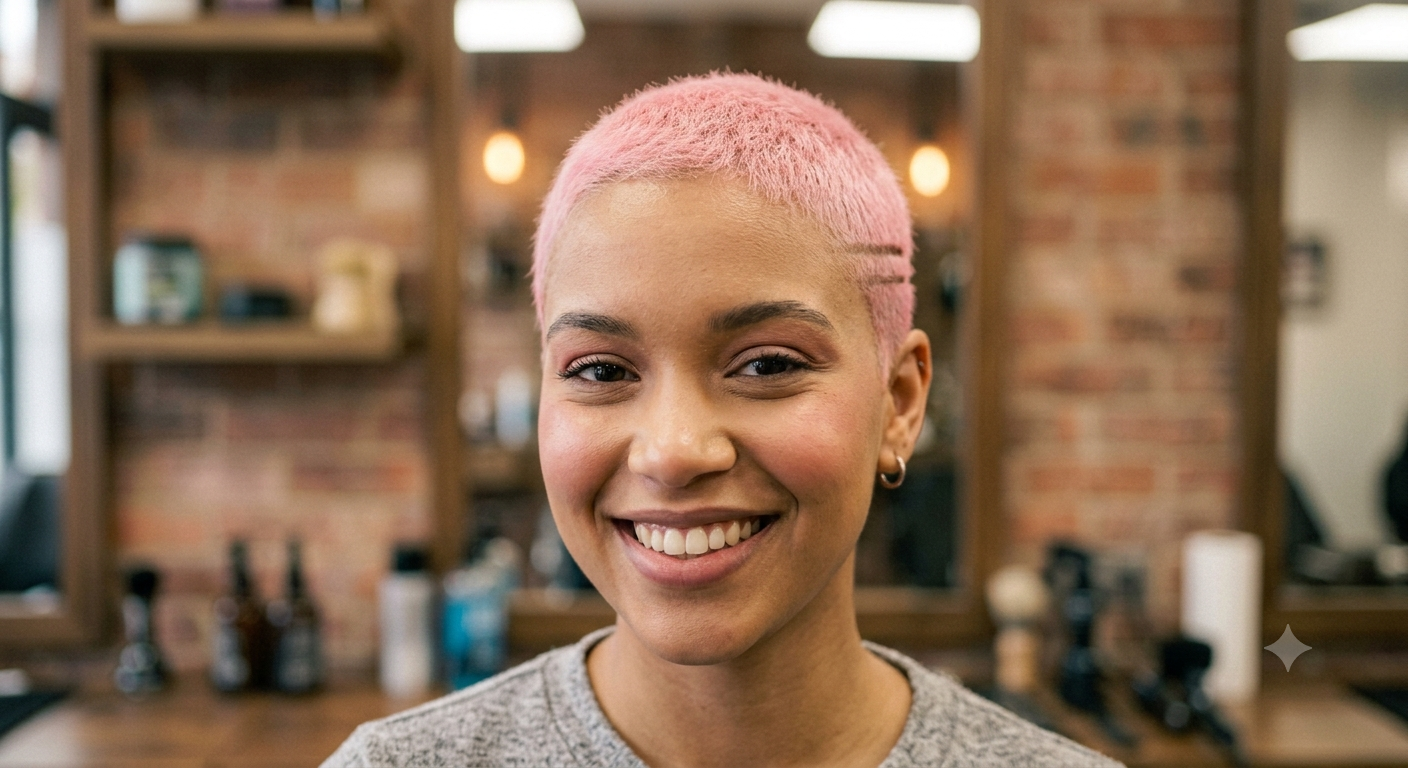 Pastel pink buzz cut with shaved side part, smiling client