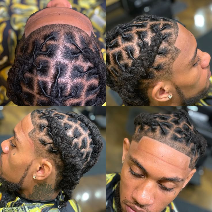 Four-panel detail of a geometric diamond parting pattern in locs